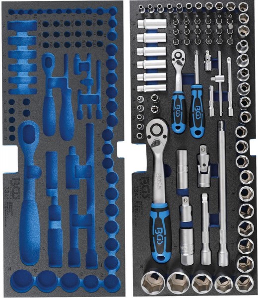 Werkzeugeinlage für Werkzeugkoffer: Steckschlüsselsatz | 1/4" & 1/2" | 77-tlg. | leer / gefüllt
