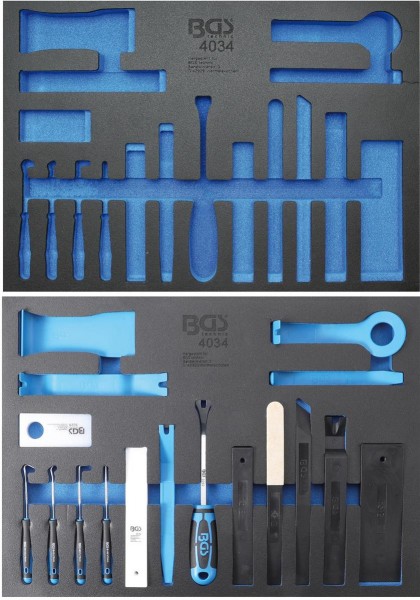 Werkzeugeinlage: Lösewerkzeuge, Montagekeile und Hakensatz, 17-tlg. leer / gefüllt
