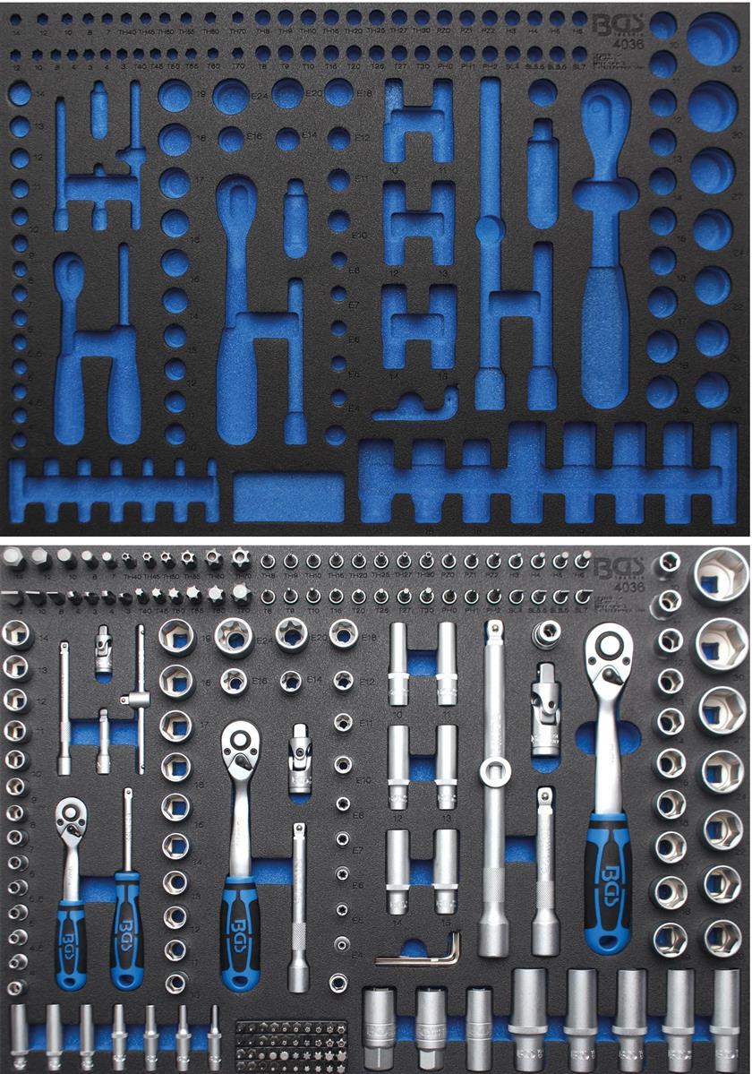 Werkzeugeinlage Werkzeug Steckschlüsselsatz1/4" & 1/2" 77-tlg gefüllt leer 